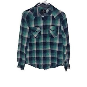 American Eagle Men Snap Button Medium Blue Green Long Sleeve Shirt